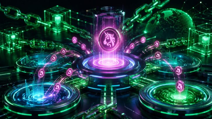 UniswapがRobinhood Chain向けローンチパッド「Pools.trade」を公開したことをイメージしたアイキャッチ。中央の発行プラットフォームから複数のトークンが流動性プールへ展開される様子を描いている。
