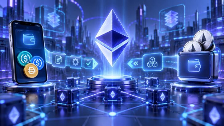 イーサリアムのEIP-8141によって、ユーザーがETHを保有せずに取引し、アプリなどがガス料金を肩代わりする仕組みをイメージした画像