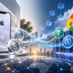 AppleとGoogleの決済・クラウド事業と、ステーブルコインやWeb3技術のつながりを表現したイメージ