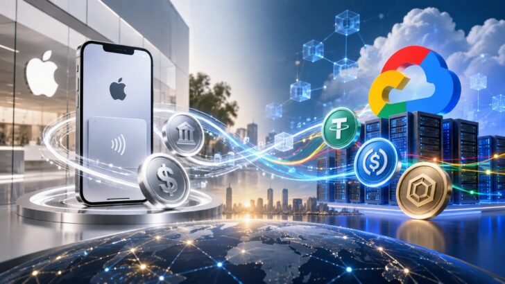 AppleとGoogleの決済・クラウド事業と、ステーブルコインやWeb3技術のつながりを表現したイメージ