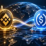バイナンスとサークルの提携強化をイメージしたアイキャッチ。バイナンスとUSDCを象徴するコインが向かい合い、グローバルなネットワークと資金の流れを表現している。