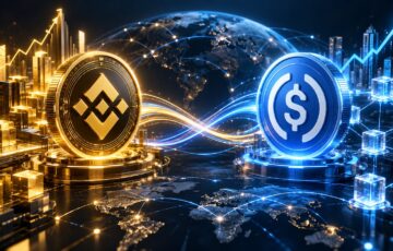 バイナンスとサークルの提携強化をイメージしたアイキャッチ。バイナンスとUSDCを象徴するコインが向かい合い、グローバルなネットワークと資金の流れを表現している。