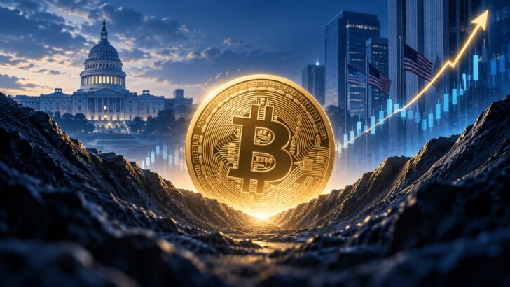 底打ちからの回復を示すビットコインと上昇チャート、米国の金融・規制環境を表現したイメージ
