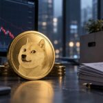 ドージコインを象徴する金色のコインと下落チャート、閉鎖を示す書類や箱を描いたイメージ
