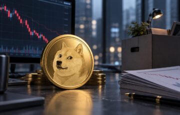 ドージコインを象徴する金色のコインと下落チャート、閉鎖を示す書類や箱を描いたイメージ