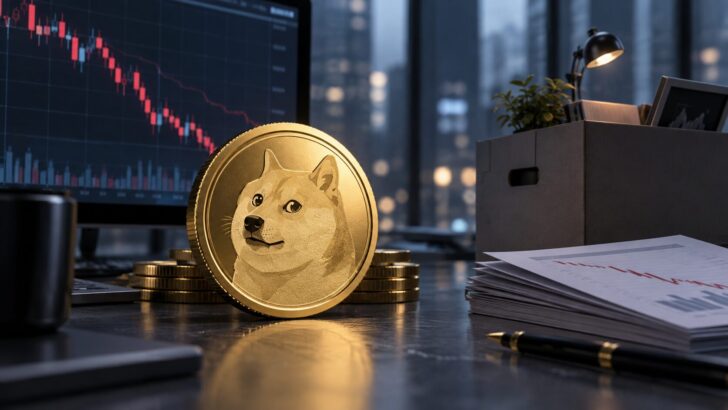 ドージコインを象徴する金色のコインと下落チャート、閉鎖を示す書類や箱を描いたイメージ
