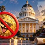 カリフォルニア州議会議事堂を背景に、公職者によるミームコイン発行禁止を表現したイメージ