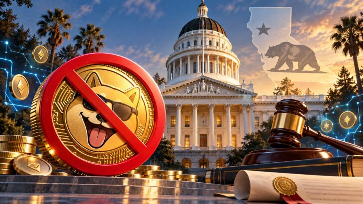 カリフォルニア州議会議事堂を背景に、公職者によるミームコイン発行禁止を表現したイメージ