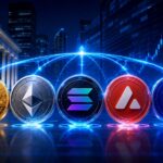 チャールズ・シュワブの仮想通貨取引拡大をイメージしたビットコイン、イーサリアム、ソラナ、アバランチ、チェーンリンクの画像
