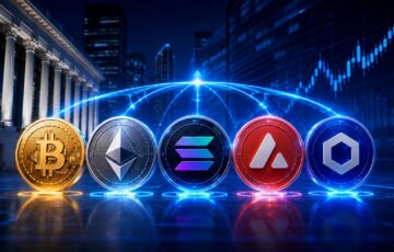 チャールズ・シュワブの仮想通貨取引拡大をイメージしたビットコイン、イーサリアム、ソラナ、アバランチ、チェーンリンクの画像