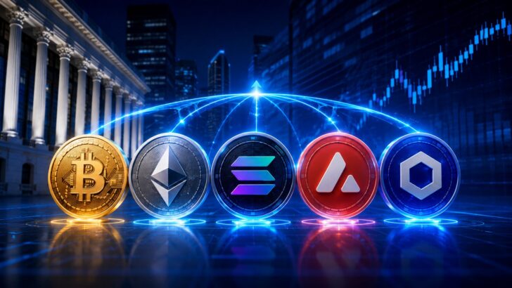 チャールズ・シュワブの仮想通貨取引拡大をイメージしたビットコイン、イーサリアム、ソラナ、アバランチ、チェーンリンクの画像