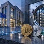 ドイツ銀行の暗号資産カストディをイメージした銀行金庫とビットコイン、イーサリアム