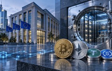 ドイツ銀行の暗号資産カストディをイメージした銀行金庫とビットコイン、イーサリアム