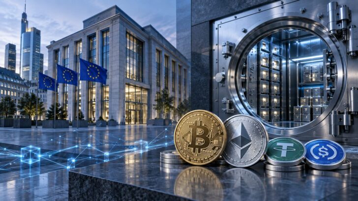 ドイツ銀行の暗号資産カストディをイメージした銀行金庫とビットコイン、イーサリアム