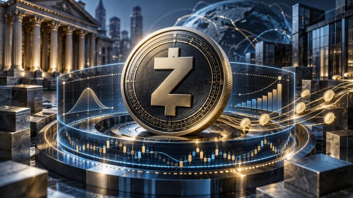 グレースケールによるZcash連動の高利回りETF申請をイメージした、ZECコインと金融チャートを描いたビジュアル