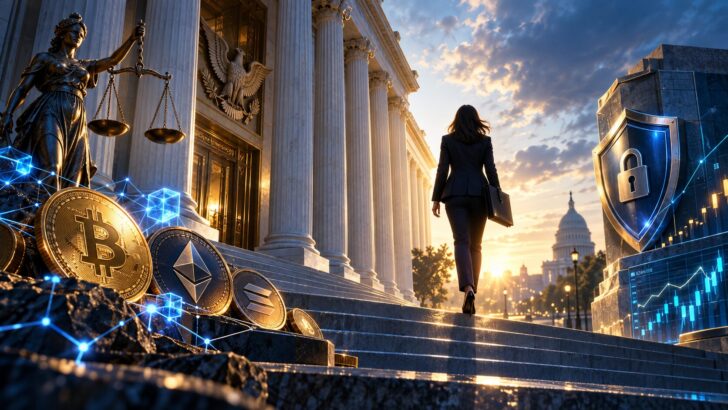 SECを退任するヘスター・ピアース氏と仮想通貨規制の転換点をイメージしたビジュアル