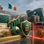 アイルランドの税制優遇投資口座と、対象外となるビットコインやイーサリアムなどの仮想通貨を表したイメージ
