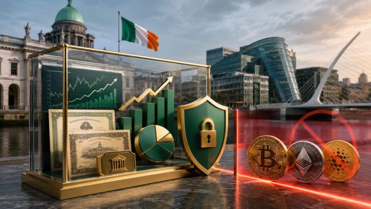 アイルランドの税制優遇投資口座と、対象外となるビットコインやイーサリアムなどの仮想通貨を表したイメージ