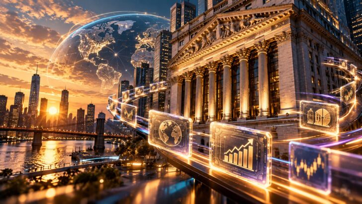 NYSEとBlockchain.comによるトークン化株式と24時間365日取引構想を表現したイメージ