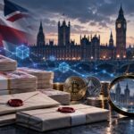 英国議会を背景に、政治献金と仮想通貨、法的審査を象徴する紙幣や天秤を描いたイメージ