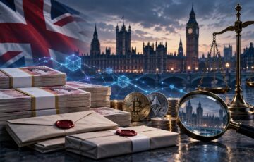 英国議会を背景に、政治献金と仮想通貨、法的審査を象徴する紙幣や天秤を描いたイメージ