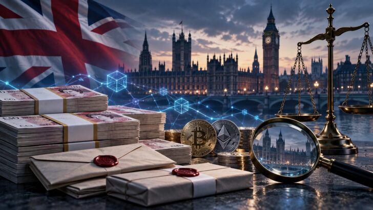 英国議会を背景に、政治献金と仮想通貨、法的審査を象徴する紙幣や天秤を描いたイメージ