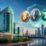 ロシアの金融街とスベルバンクをイメージした建物、ビットコイン・イーサリアム・USDTを描いた仮想通貨取引のイメージ