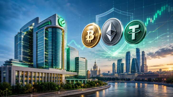 ロシアの金融街とスベルバンクをイメージした建物、ビットコイン・イーサリアム・USDTを描いた仮想通貨取引のイメージ