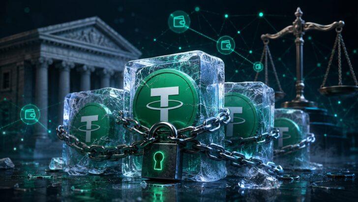 凍結されたUSDTと裁判所、天秤を表現したイメージ