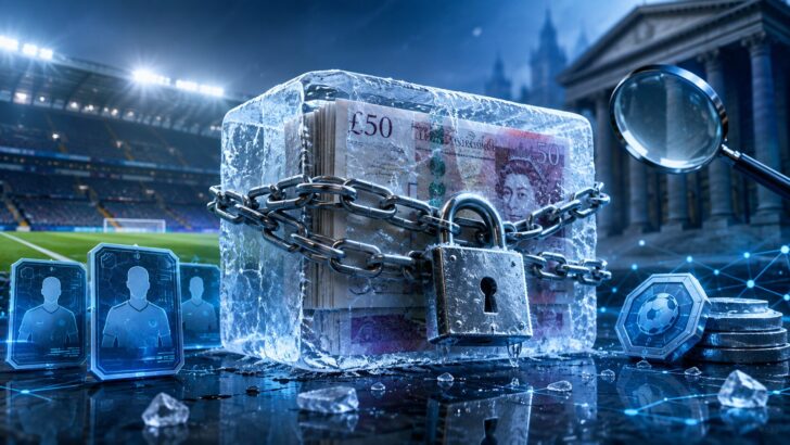 凍結された英ポンド資金とサッカースタジアム、デジタル選手カードを表現したイメージ