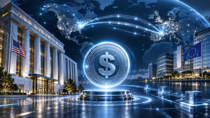US BankのUSBDCによる北米と欧州間の国境越え決済とStellarネットワークを表現したイメージ