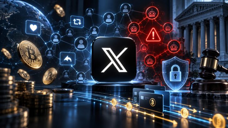 Xのクリエイター報酬を巡る不正エンゲージメントとビットコイン関連アカウントへの訴訟を表現したイメージ