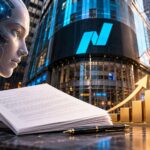 AnthropicのIPOをテーマに、AIを象徴するヒューマノイド、ナスダック市場、株式公開の書類、上昇するチャートを描いたイメージ