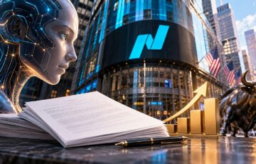 AnthropicのIPOをテーマに、AIを象徴するヒューマノイド、ナスダック市場、株式公開の書類、上昇するチャートを描いたイメージ