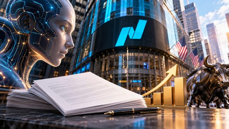 AnthropicのIPOをテーマに、AIを象徴するヒューマノイド、ナスダック市場、株式公開の書類、上昇するチャートを描いたイメージ