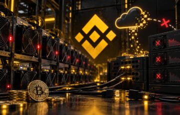 バイナンスプールとクラウドマイニングのサービス終了を表現した、マイニング機器とバイナンスのロゴ
