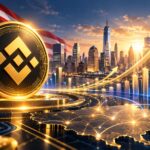 米国市場での事業再建を目指すBinance.USを象徴するコインと、米国旗、都市景観、上昇する矢印のイメージ