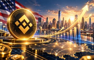 米国市場での事業再建を目指すBinance.USを象徴するコインと、米国旗、都市景観、上昇する矢印のイメージ