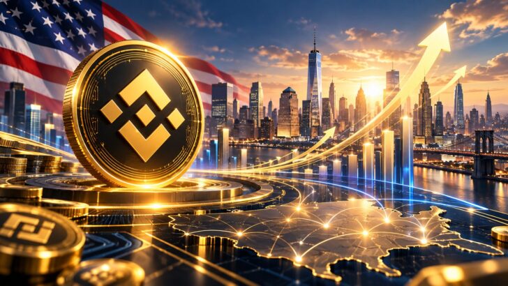 米国市場での事業再建を目指すBinance.USを象徴するコインと、米国旗、都市景観、上昇する矢印のイメージ
