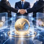 ブラックロック、SBIホールディングス、スターテールの協力を象徴する握手と、円建てステーブルコインやブロックチェーン金融を表現したイメージ
