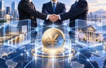 ブラックロック、SBIホールディングス、スターテールの協力を象徴する握手と、円建てステーブルコインやブロックチェーン金融を表現したイメージ