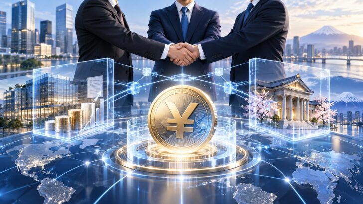 ブラックロック、SBIホールディングス、スターテールの協力を象徴する握手と、円建てステーブルコインやブロックチェーン金融を表現したイメージ
