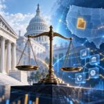 CFTCとユタ州の予測市場規制を巡る対立を、司法の天秤、米国の裁判所、ユタ州を強調した地図、デジタル取引画面で表現したイメージ