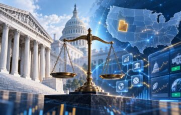 CFTCとユタ州の予測市場規制を巡る対立を、司法の天秤、米国の裁判所、ユタ州を強調した地図、デジタル取引画面で表現したイメージ
