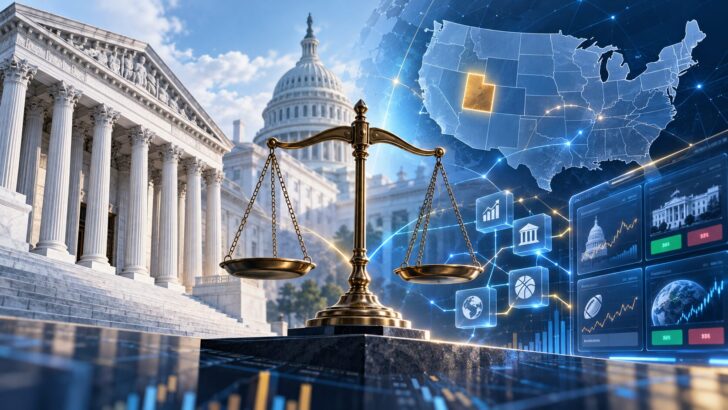 CFTCとユタ州の予測市場規制を巡る対立を、司法の天秤、米国の裁判所、ユタ州を強調した地図、デジタル取引画面で表現したイメージ