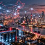 中国の都市景観と全国を結ぶブロックチェーンネットワーク、データセンターを描いたデジタルインフラのイメージ