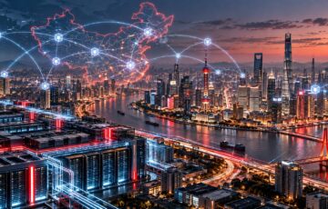 中国の都市景観と全国を結ぶブロックチェーンネットワーク、データセンターを描いたデジタルインフラのイメージ