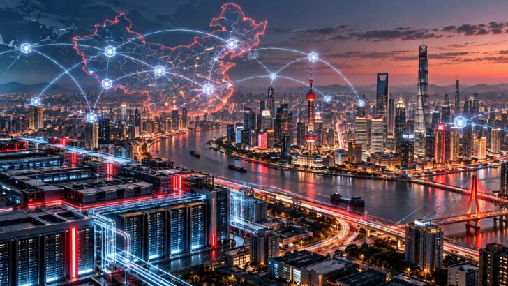 中国の都市景観と全国を結ぶブロックチェーンネットワーク、データセンターを描いたデジタルインフラのイメージ
