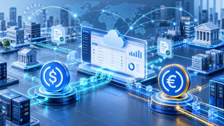 SAPの企業向け決済システムとUSDC・EURCを接続するステーブルコイン決済ネットワークのイメージ