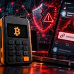 ビットコインのハードウェアウォレットと、公式Xアカウントを悪用したフィッシング攻撃を象徴する警告画面
